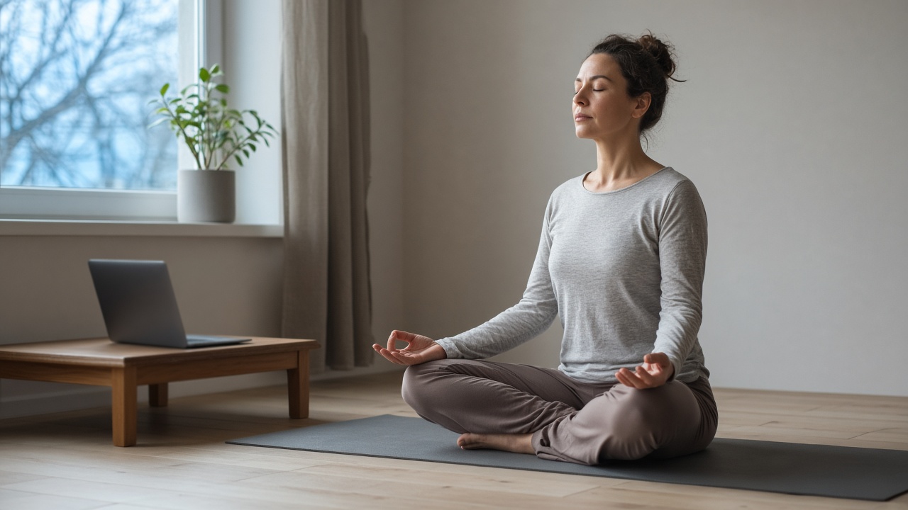 Persona practicando yoga en casa, junto a un computador para una clase online
