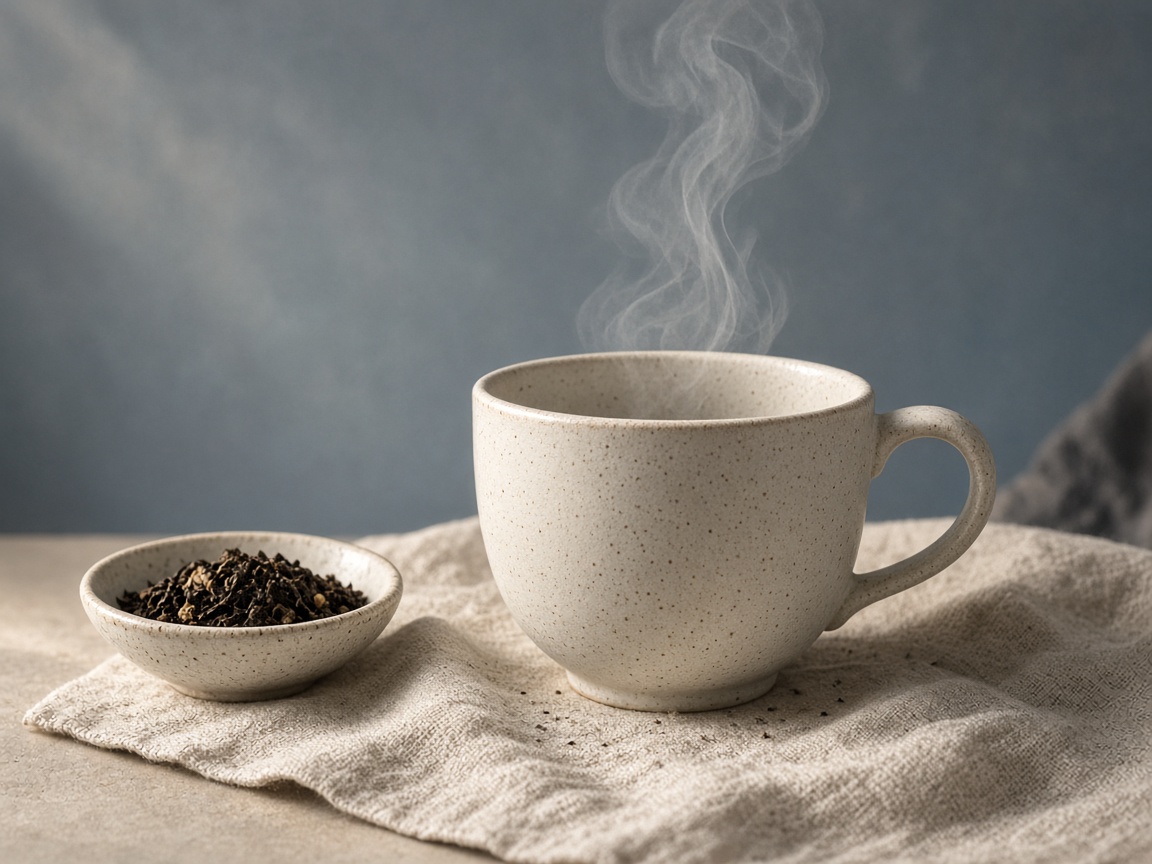 Taza de té humeante sobre un mantel de lino